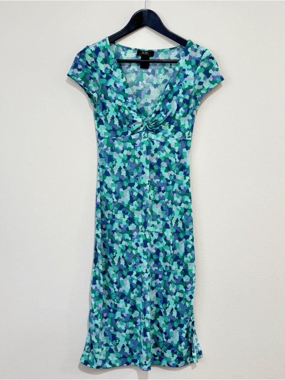 BCBGMaxAzria Teal and Navy Cap-Sleeve Midi Dress